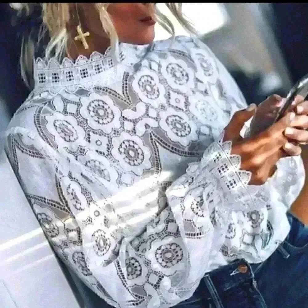 Restocking White Lace High Neck Long Sleeve Shirt